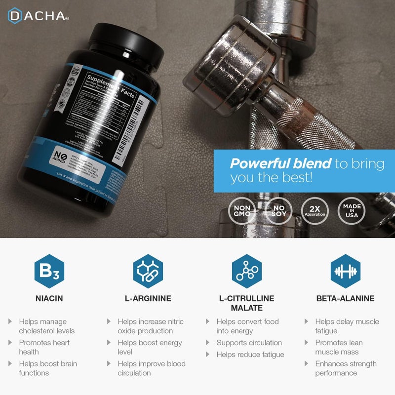 DACHA حبوب داكا بريميوم L أرجينين 1920 ملغ 120 كبسولة AAKG سلفيد النيتريك مسبق L-سيترولين HCL بيتا ألانين أحماض أمينية أساسية للطاقة ونمو العضلات وصحة القلب والقدرة على التحمل - Image 5