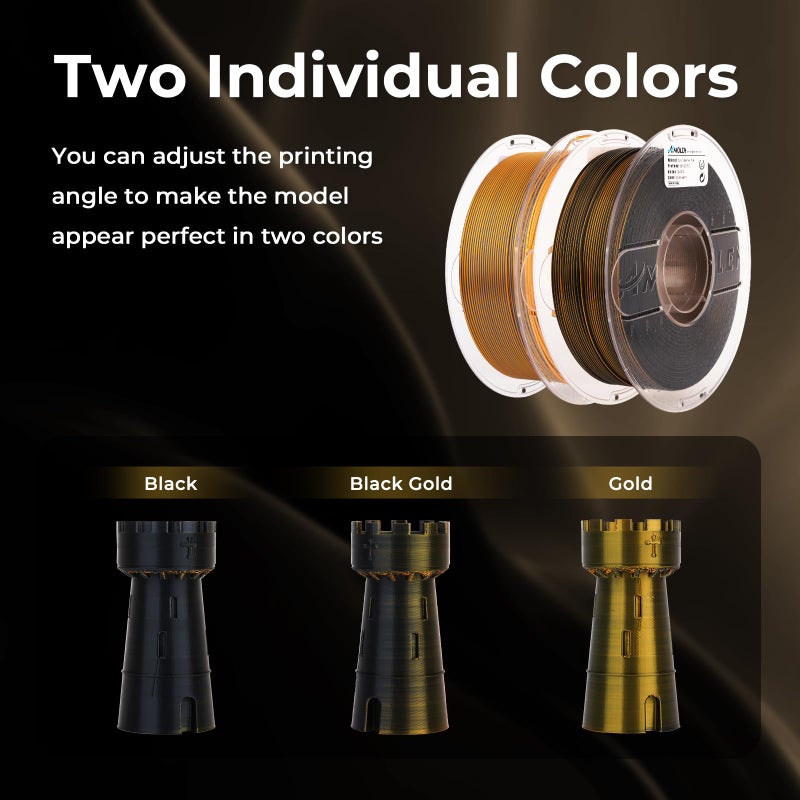 AMOLEN Silk PLA 3D Printer Filament, Dual Color Black Gold PLA 1.75mm, Shiny Color Change Filament 3D Printing PLA Filament for Most FDM 3D Printer, 1kg Spool(2.2lbs) - Image 2