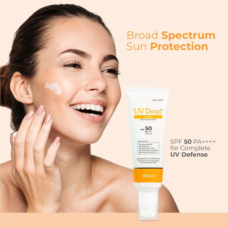 Brinton UV Doux DTan Aqua Sunscreen Lotion  SPF 50 PA  8Hour Hydration DTan Formula with Niacinamide  Vitamin C 50 ml Pack of 3 - Image 3