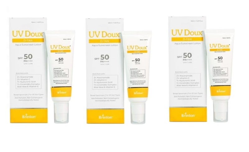 Brinton UV Doux DTan Aqua Sunscreen Lotion  SPF 50 PA  8Hour Hydration DTan Formula with Niacinamide  Vitamin C 50 ml Pack of 3 - Image 1