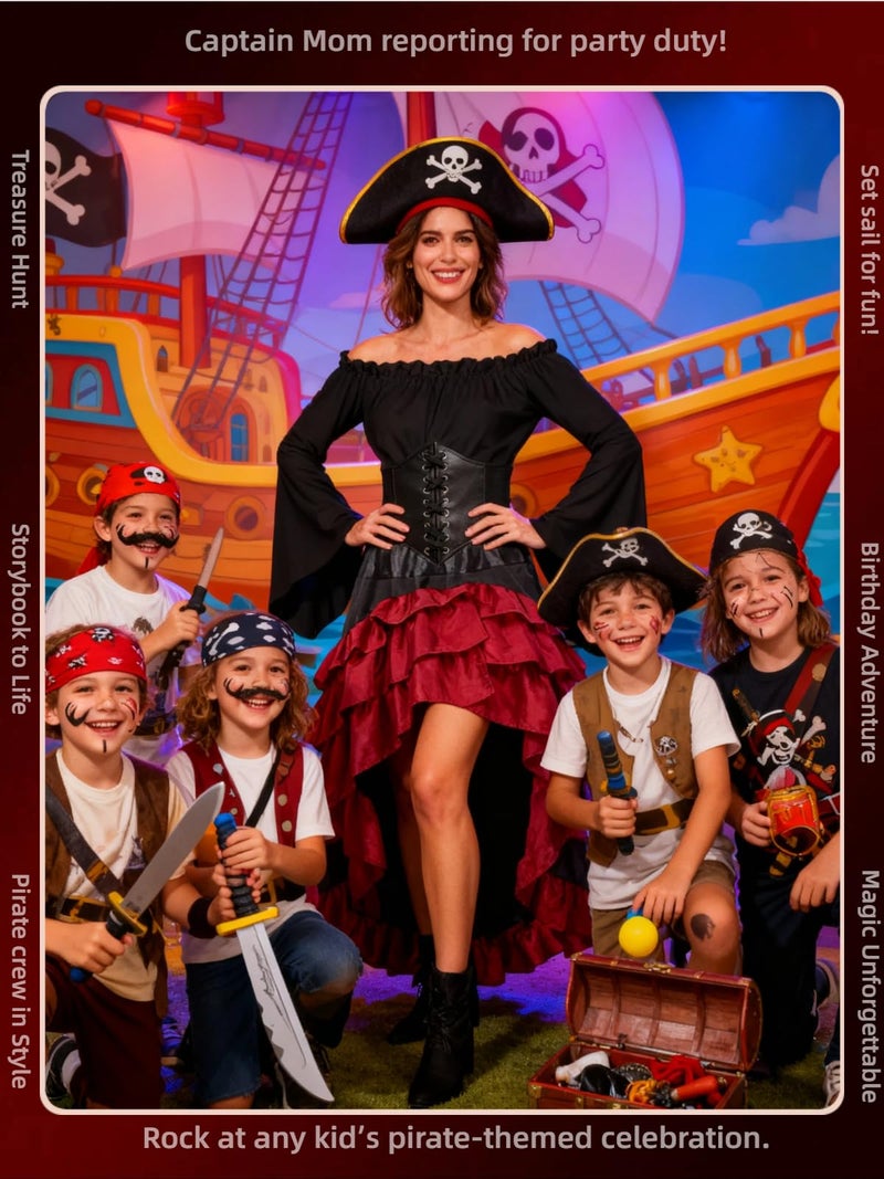 Verceco Pirate Costume Women with Renaissance Pirate Shirt Skirt Corset Waist Belt (Black+Red, L) - Image 5