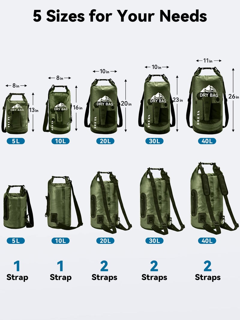 HEETA Dry Bag Waterproof for Women Men, Roll Top Lightweight Dry Storage Bag Backpack with Phone Case for Travel Swimming Boating Kayaking Paddle Board Camping Beach Accessories (Pitch Green, 5L) - Image 2
