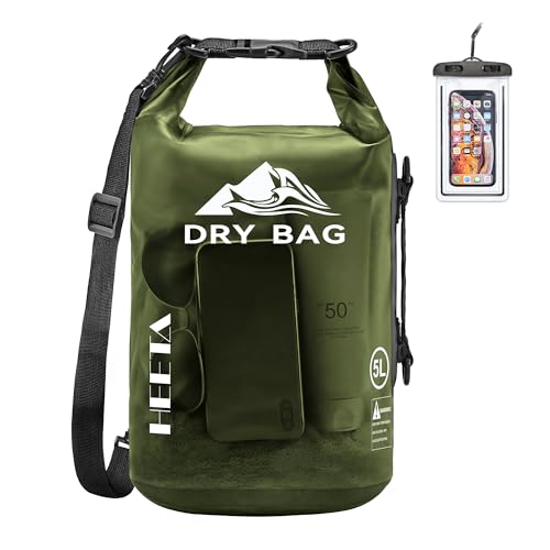 HEETA Dry Bag Waterproof for Women Men, Roll Top Lightweight Dry Storage Bag Backpack with Phone Case for Travel Swimming Boating Kayaking Paddle Board Camping Beach Accessories (Pitch Green, 5L) - Image 1