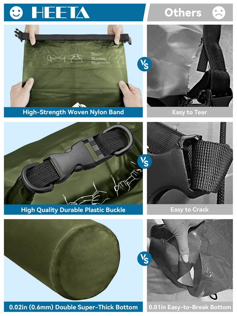 HEETA Dry Bag Waterproof for Women Men, Roll Top Lightweight Dry Storage Bag Backpack with Phone Case for Travel Swimming Boating Kayaking Paddle Board Camping Beach Accessories (Pitch Green, 5L) - Image 4