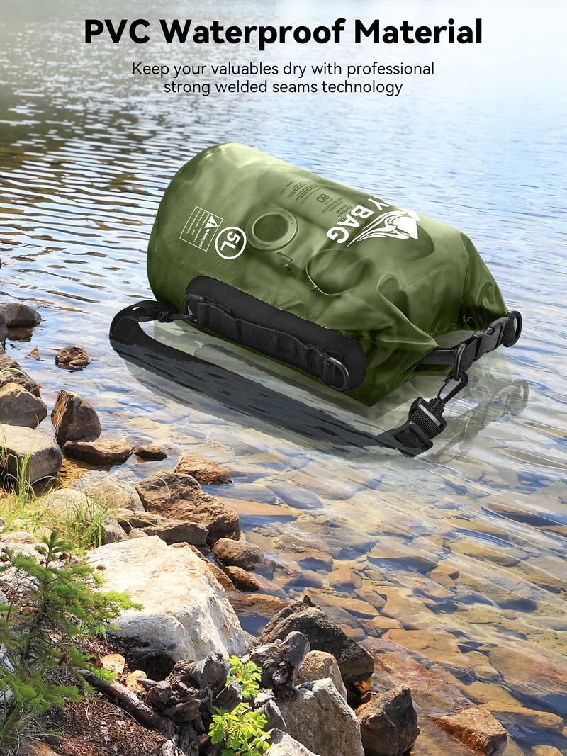 HEETA Dry Bag Waterproof for Women Men, Roll Top Lightweight Dry Storage Bag Backpack with Phone Case for Travel Swimming Boating Kayaking Paddle Board Camping Beach Accessories (Pitch Green, 5L) - Image 3