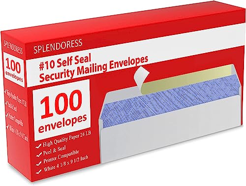 Splendoress #10 Envelopes Letter Size Self Seal | 100 Business Mailing Security Peel and Sealing Envelope | 100% Tinted | no 10 White Windowless Legal Regular Plain Envelops Pack | 4-1/8 x 9-1/2 Inches | 24 LB - Image 1