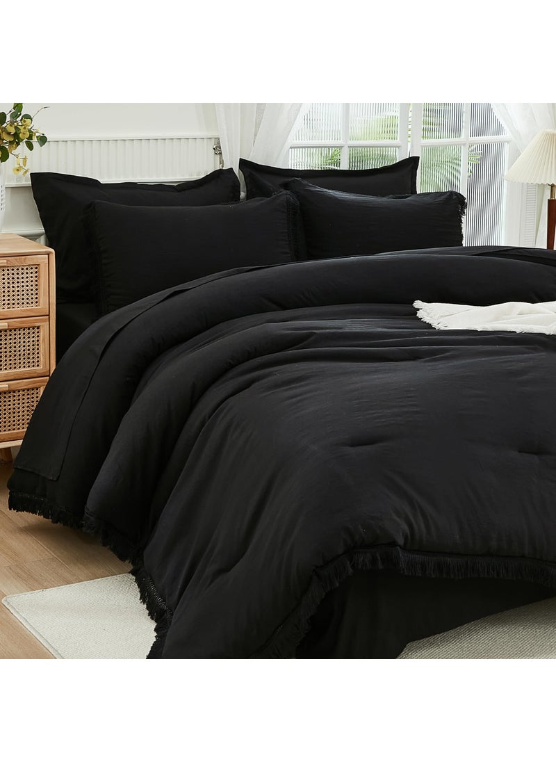 Andency Andency Black Full Size Comforter Set with Sheets - 7 Pieces Boho Tassel Bed in a Bag Soft Lightweight Bedding Sets  Black Fringe Bed Set with Comforter  Sheets  Pillowcases & Shams  - Image 3