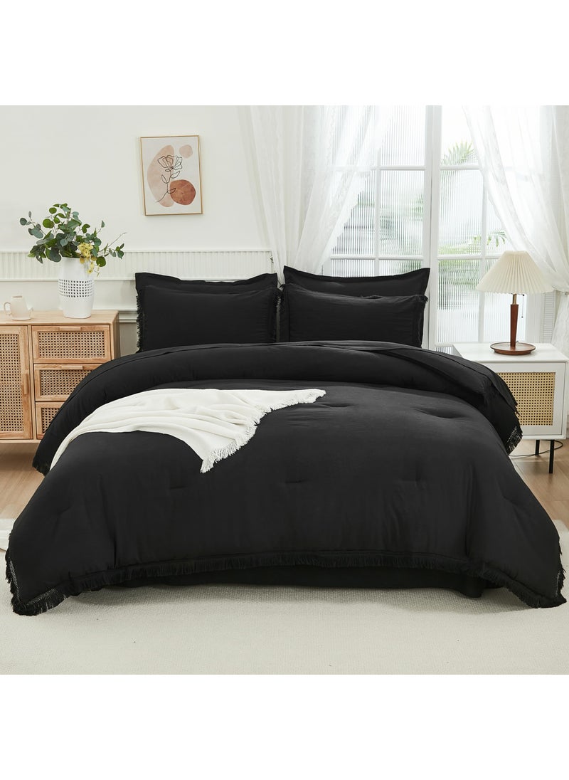 Andency Andency Black Full Size Comforter Set with Sheets - 7 Pieces Boho Tassel Bed in a Bag Soft Lightweight Bedding Sets  Black Fringe Bed Set with Comforter  Sheets  Pillowcases & Shams  - Image 2
