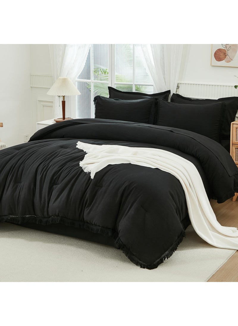 Andency Andency Black Full Size Comforter Set with Sheets - 7 Pieces Boho Tassel Bed in a Bag Soft Lightweight Bedding Sets  Black Fringe Bed Set with Comforter  Sheets  Pillowcases & Shams  - Image 1
