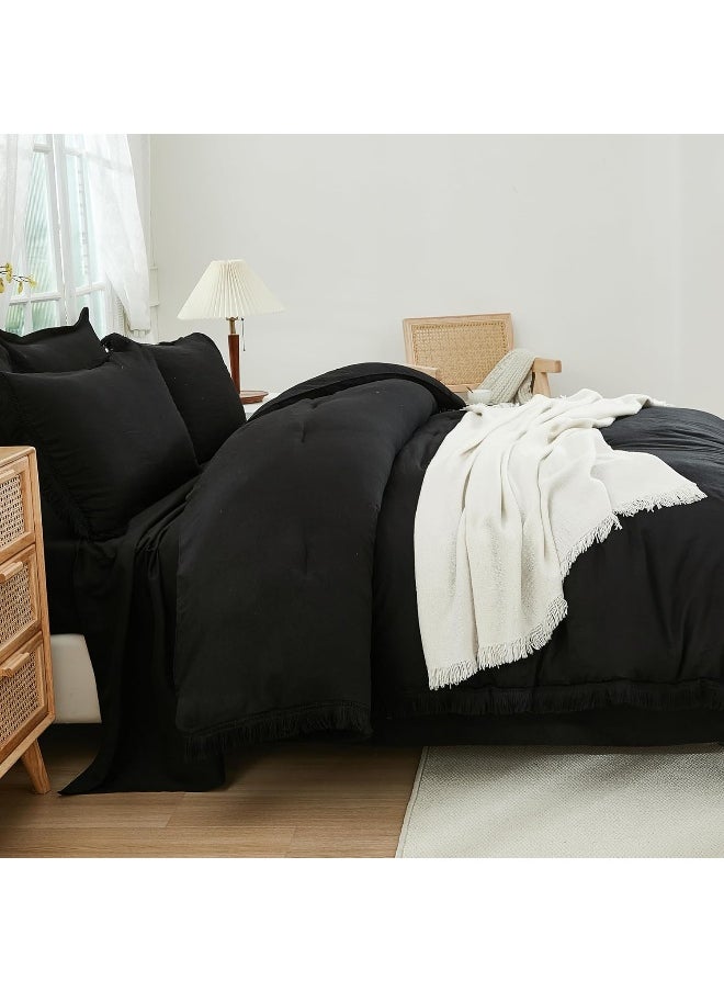 Andency Black Full Size Comforter Set with Sheets - 7 Pieces Boho Tassel Bed in a Bag Soft Lightweight Bedding Sets  Black Fringe Bed Set with Comforter  Sheets  Pillowcases & Shams