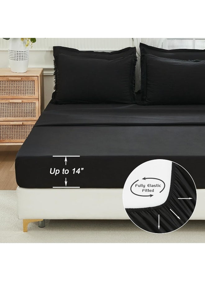 Andency Black Full Size Comforter Set with Sheets - 7 Pieces Boho Tassel Bed in a Bag Soft Lightweight Bedding Sets  Black Fringe Bed Set with Comforter  Sheets  Pillowcases & Shams