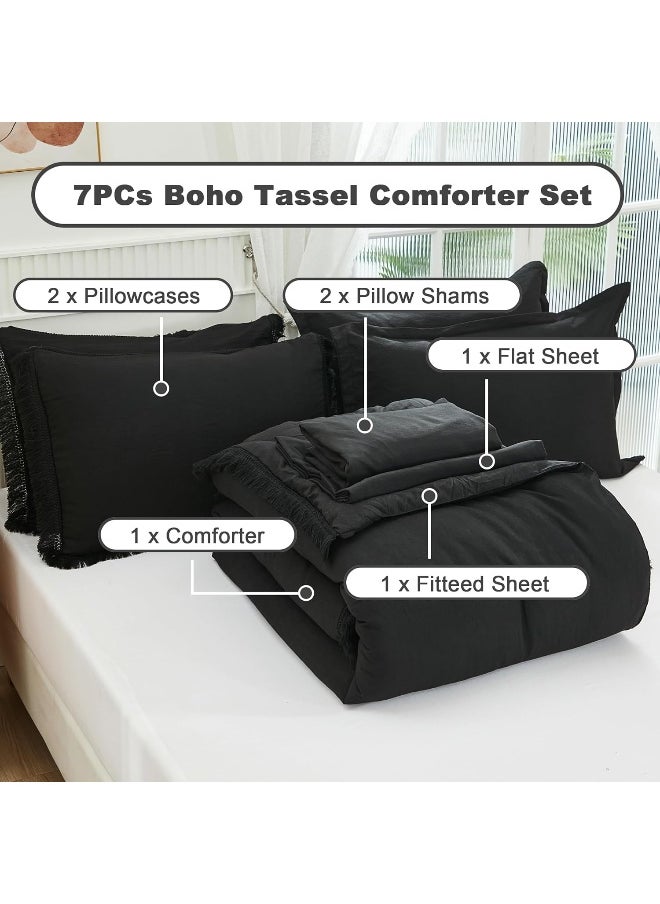 Andency Black Full Size Comforter Set with Sheets - 7 Pieces Boho Tassel Bed in a Bag Soft Lightweight Bedding Sets  Black Fringe Bed Set with Comforter  Sheets  Pillowcases & Shams