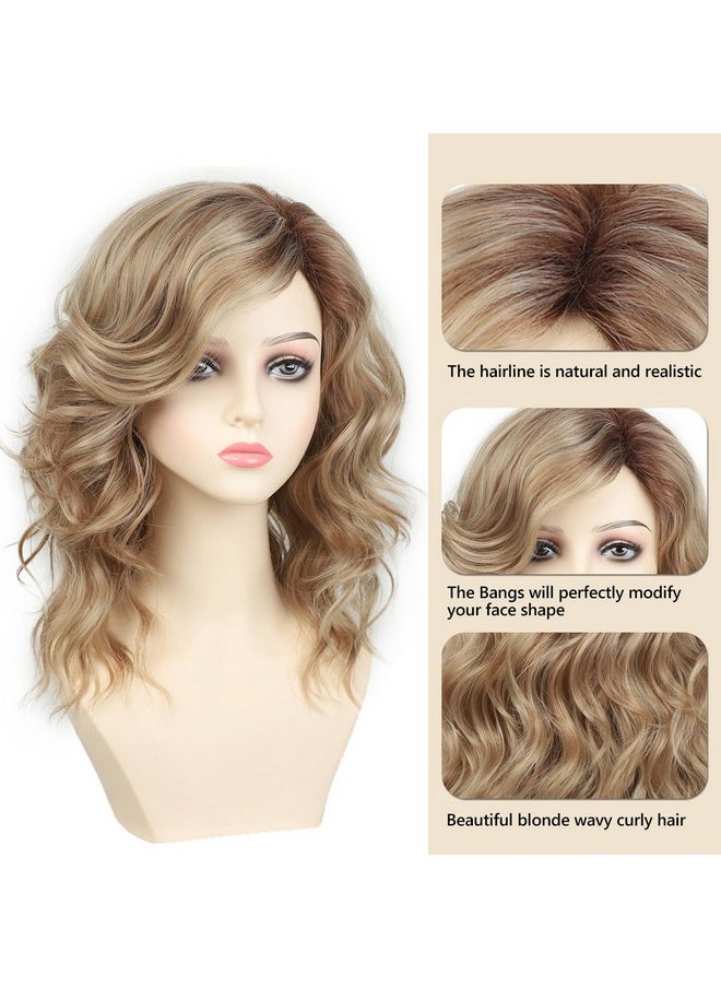 SEVENCOLORS - Blonde Curly Bob Wigs For White Women Short Layered Wavy Hair Wigs With Dark Roots Fluffy Natural Synthetic Wigs For Daily Party Use - Image 1
