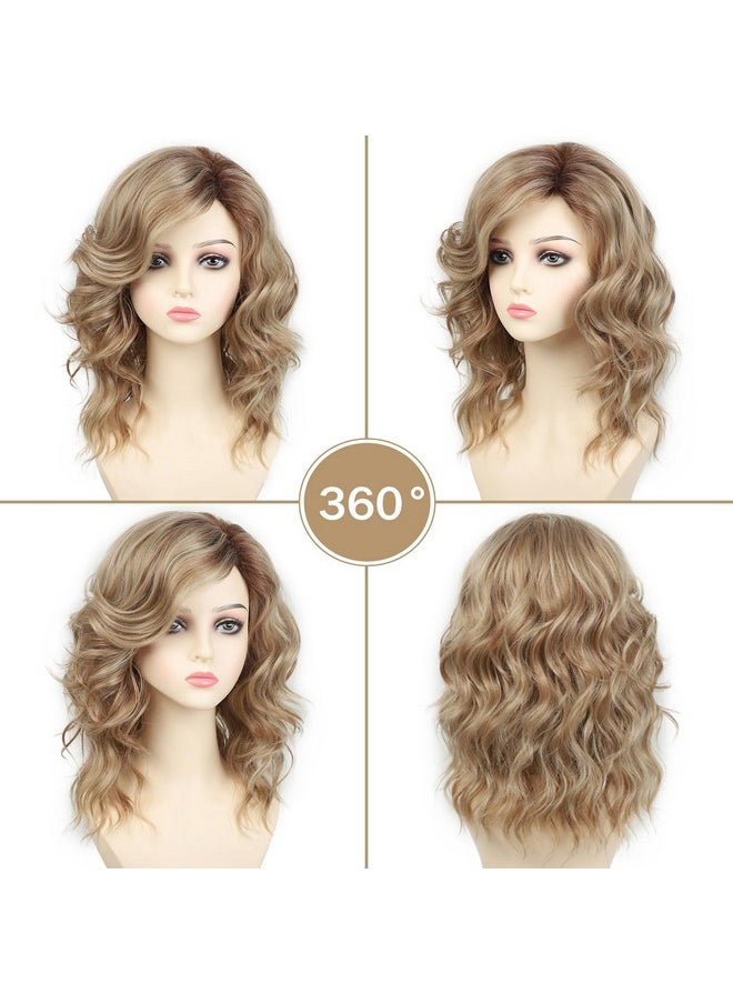 SEVENCOLORS - Blonde Curly Bob Wigs For White Women Short Layered Wavy Hair Wigs With Dark Roots Fluffy Natural Synthetic Wigs For Daily Party Use - Image 1