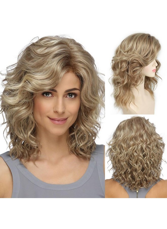 SEVENCOLORS - Blonde Curly Bob Wigs For White Women Short Layered Wavy Hair Wigs With Dark Roots Fluffy Natural Synthetic Wigs For Daily Party Use - Image 1