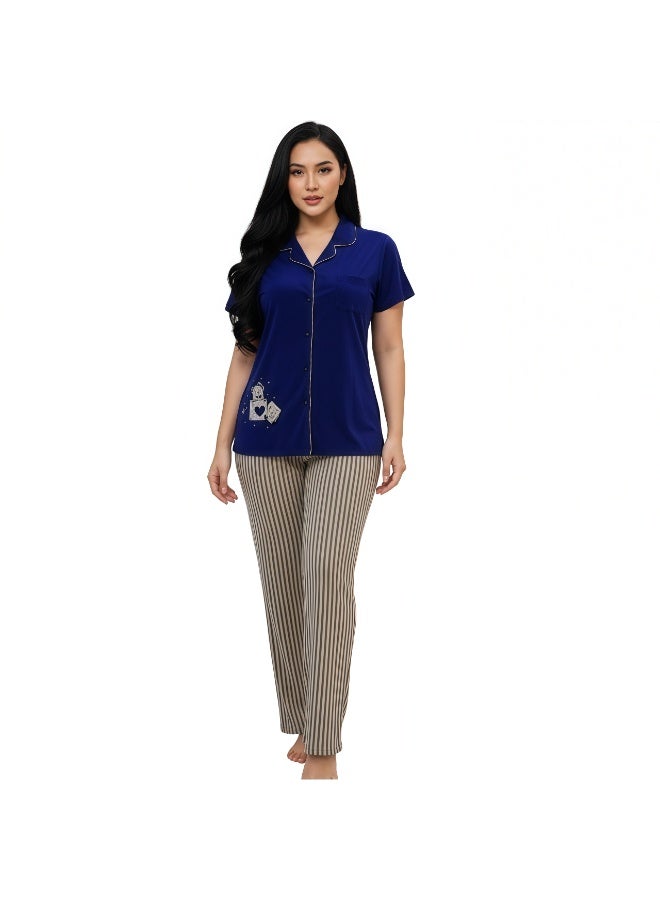 JOANNA Women's For You With Love Print Button Down Short Sleeve Shirt & Long Pants Pajama Set, Blue - Image 1