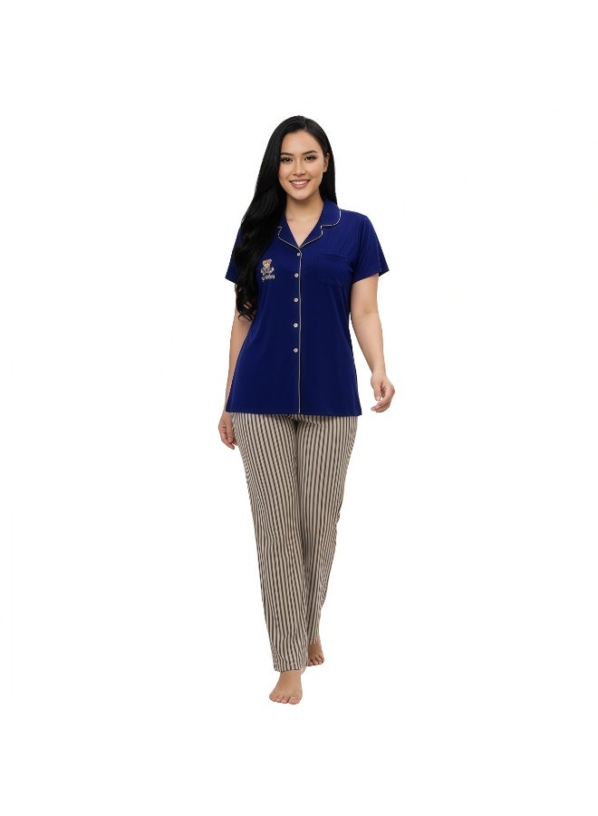 JOANNA Women's For You With Love Print Button Down Short Sleeve Shirt & Long Pants Pajama Set, Blue - Image 2