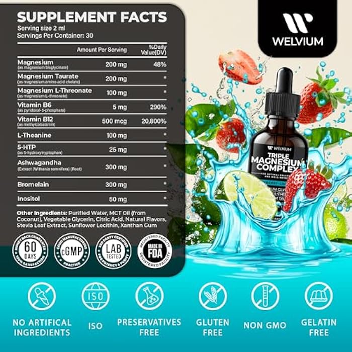 WELVIUM Triple Magnesium Complex Liquid Drops - Magnesium Glycinate Supplement with L-Threonate, Taurate - Ashwagandha, L-Theanine, 5-HTP, Vitamins B6, B12, Bromelain, Inositol for Mineral Balance - Image 4