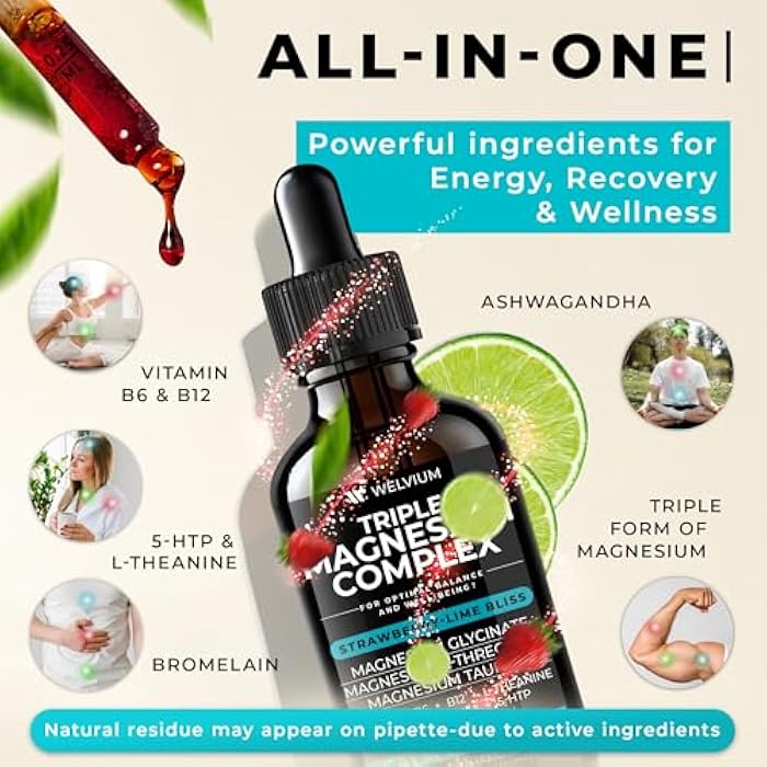 WELVIUM Triple Magnesium Complex Liquid Drops - Magnesium Glycinate Supplement with L-Threonate, Taurate - Ashwagandha, L-Theanine, 5-HTP, Vitamins B6, B12, Bromelain, Inositol for Mineral Balance - Image 2