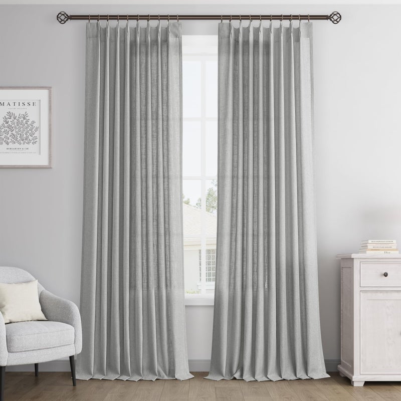 Joywell Linen Pinch Pleated Curtains 120 Inch Long Back Tab Clip Rings Semi Sheer Light Filtering Soft Lightweight Drapes with Hooks Boho for Bedroom Living Room W50 x L120 Grey 2 Panels Set - Image 1