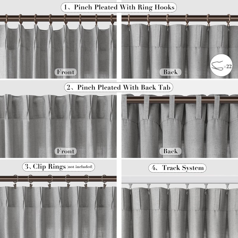 Joywell Linen Pinch Pleated Curtains 120 Inch Long Back Tab Clip Rings Semi Sheer Light Filtering Soft Lightweight Drapes with Hooks Boho for Bedroom Living Room W50 x L120 Grey 2 Panels Set - Image 2