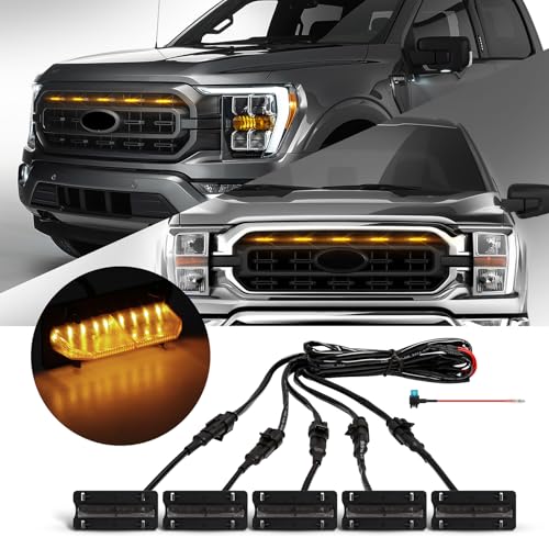 FICOLPO 5 Pcs Led Grill Lights Compatible with 2021 2022 2023 F150 XL/XLT/XLT Sport - LED Front Grille Lights Accessories with Fuse & Harness (Amber Light Black Shell) - Image 1