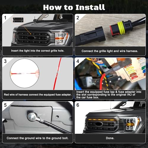 FICOLPO 5 Pcs Led Grill Lights Compatible with 2021 2022 2023 F150 XL/XLT/XLT Sport - LED Front Grille Lights Accessories with Fuse & Harness (Amber Light Black Shell) - Image 5