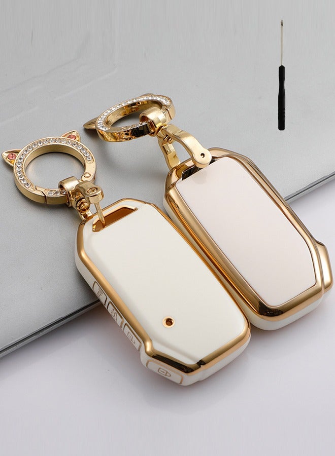 1 Pack Kia Key Fob Cover Soft 3 4 5 ons TPU Protection Car Key Case Shell with Fashion Gold Bling Keychain Compatible with Kia Soul Forte Telluride K5/Seltos Niro Sportage Sorento Optima (White) - Image 1