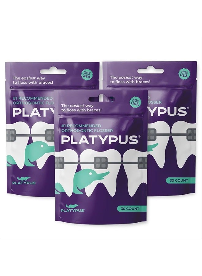 Platypus Orthodontic Flossers for Braces- Unique Structure Fits Under Arch Wire, Floss Entire Mouth in Two Minutes, Increases Flossing Compliance, Will Not Damage Braces - 30 Count Bag (Pack of 3) - Image 1