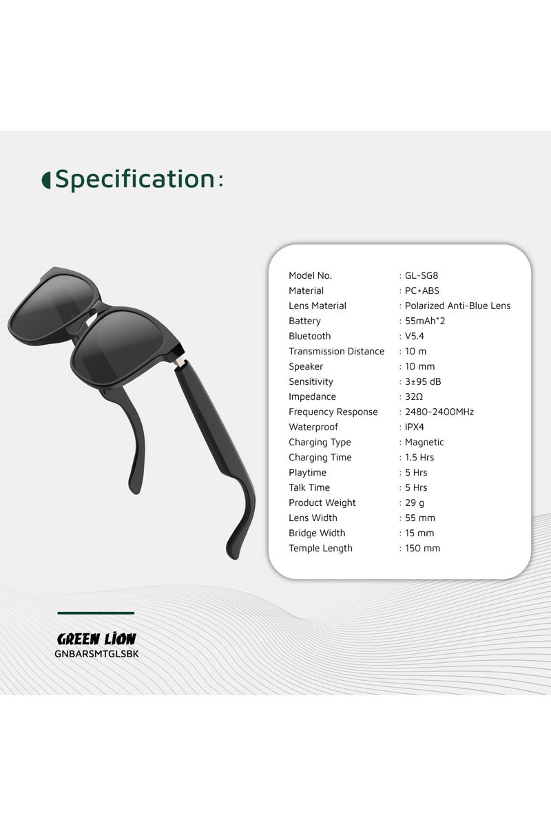 GREEN LION Smart Glasses Barcelona GL-SG8 / Play & Pause / Answer & Reject Calls / Polarized Anti-Blue Lens / Built-in Microphone / UV400 Protection / Voice Assistant / Remote Camera / Touch Control Smart Glass/ TWS Function - Black - Image 5