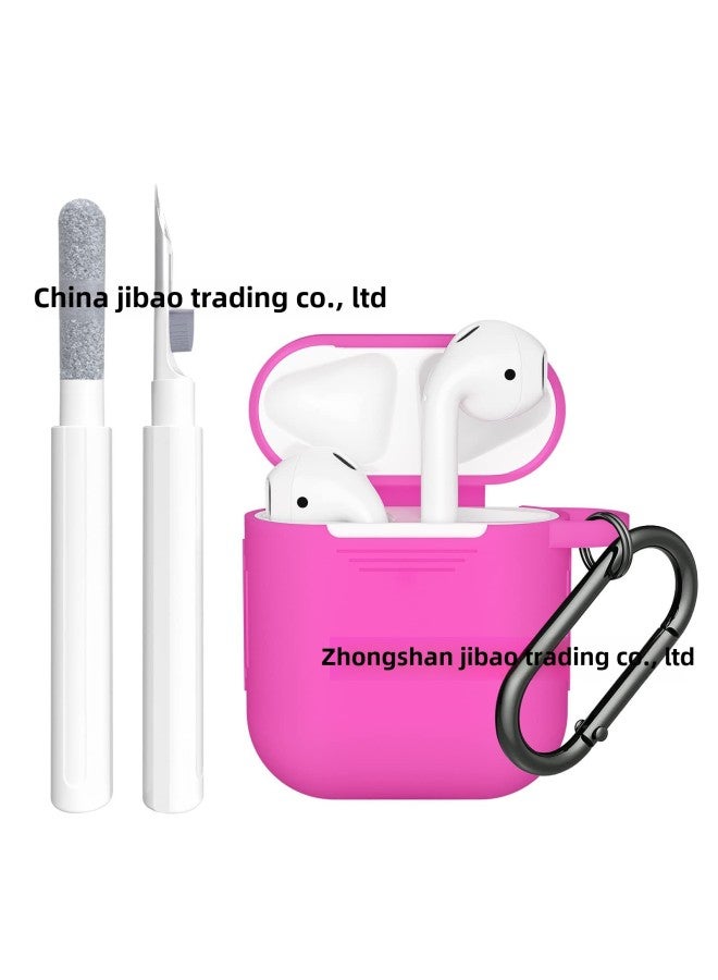 Applicable For Apple Headset Protective Cover Airpods2 Generation 1 Generation Silicone Protective Cover With Earphone Cleaning Pen Suit-Color:Bright Pink-Model:Airpods2 Generation 1 Generation Protective Cover With Cleaning Pen Suit - Image 1