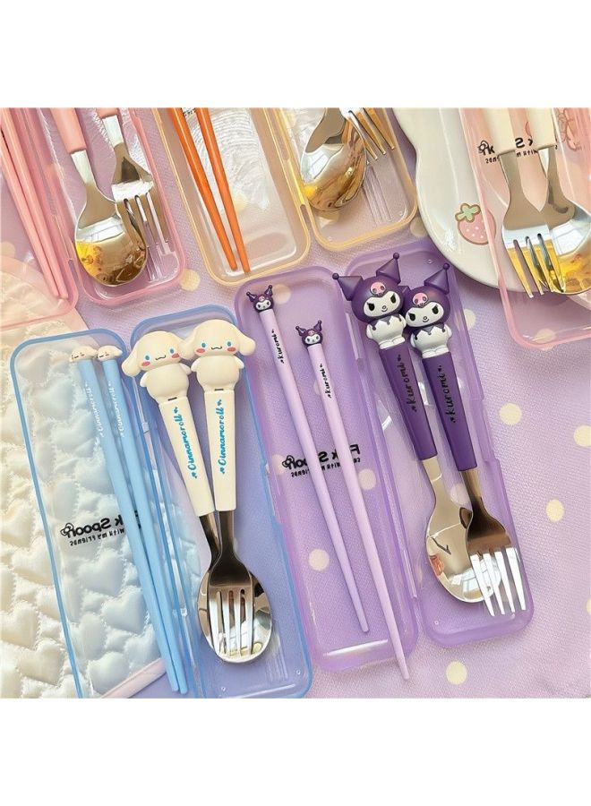 HL-015 Cartoon Sanlio Portable Tableware Suit Stainless Steel Spoon Fork Chopsticks Cross-border Hot Sale Non-slip Chopsticks-Specifications:Pudding Tableware Three-piece Set - Image 4