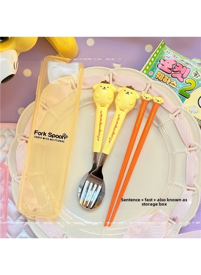HL-015 Cartoon Sanlio Portable Tableware Suit Stainless Steel Spoon Fork Chopsticks Cross-border Hot Sale Non-slip Chopsticks-Specifications:Pudding Tableware Three-piece Set - Image 1