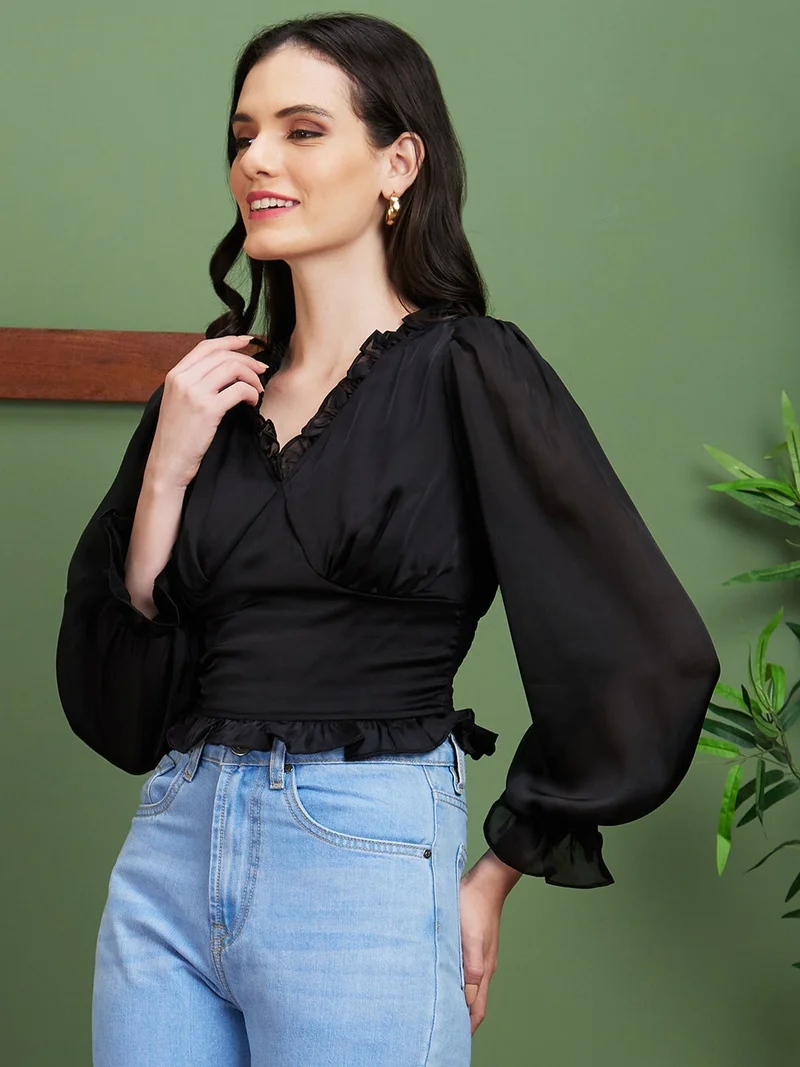 globus Globus Women Black Smocking V-Neck Wrap Party Top