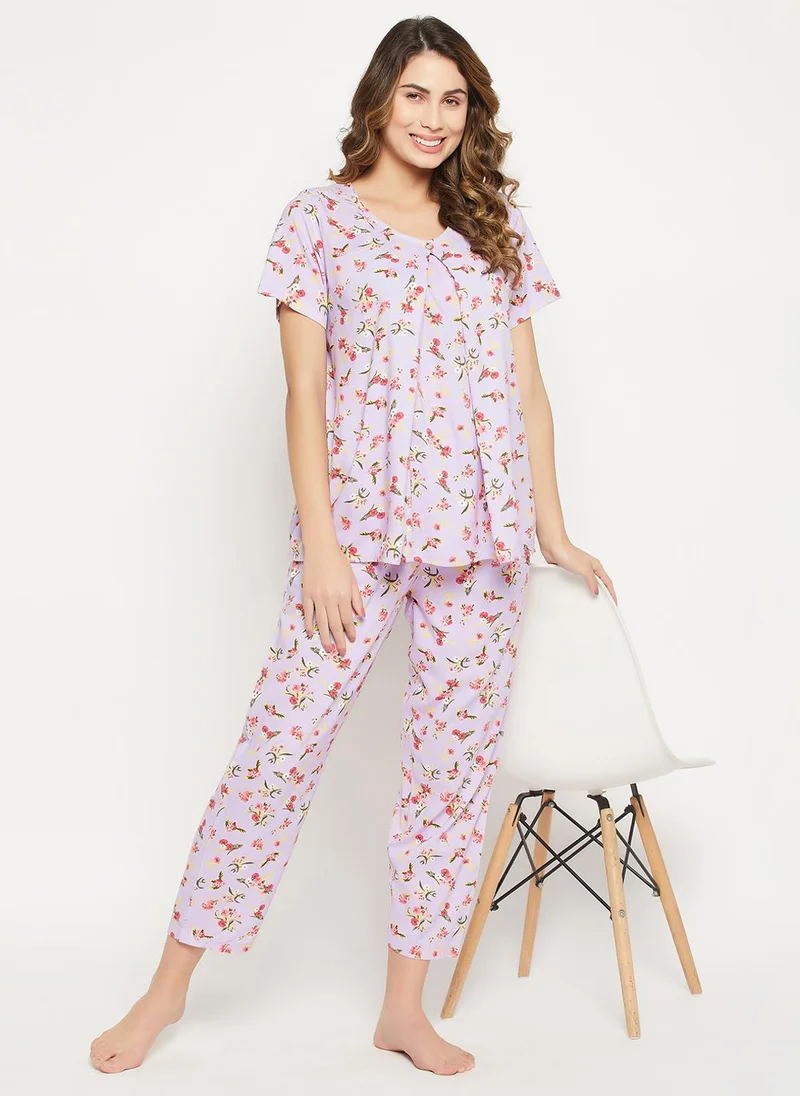 كلوفيا Clovia Feeding Pretty Florals Top & Pyjama Set in Lilac - Rayon