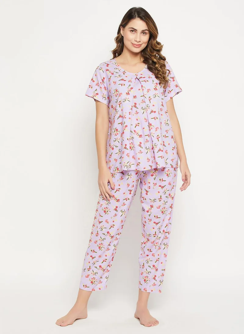 كلوفيا Clovia Feeding Pretty Florals Top & Pyjama Set in Lilac - Rayon