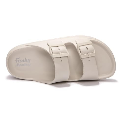 FUNKYMONKEY EVA Slides for Women Thick-sole Adjustable Double Buckle Waterproof Platform Sandals (9 M US, Beige/HDSPK) - Image 3