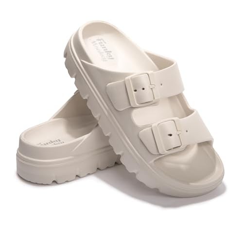FUNKYMONKEY EVA Slides for Women Thick-sole Adjustable Double Buckle Waterproof Platform Sandals (9 M US, Beige/HDSPK) - Image 5