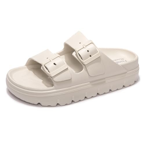 FUNKYMONKEY EVA Slides for Women Thick-sole Adjustable Double Buckle Waterproof Platform Sandals (9 M US, Beige/HDSPK) - Image 1