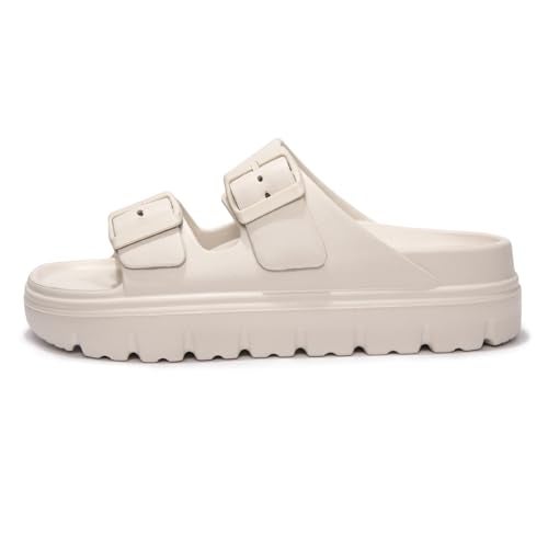 FUNKYMONKEY EVA Slides for Women Thick-sole Adjustable Double Buckle Waterproof Platform Sandals (9 M US, Beige/HDSPK) - Image 2