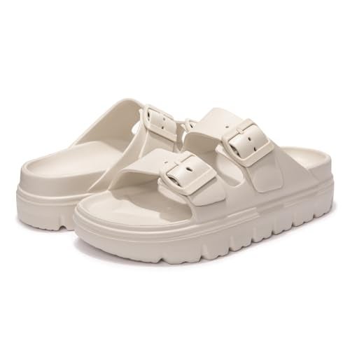 FUNKYMONKEY EVA Slides for Women Thick-sole Adjustable Double Buckle Waterproof Platform Sandals (9 M US, Beige/HDSPK) - Image 4