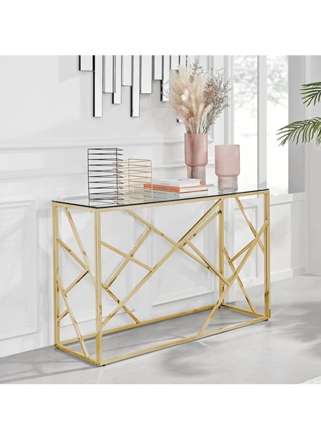 YINZUO Modern Gold Console Table with Clear Tempered Glass Top – Metal Frame, Matte Gold Finish, Decorative Entryway Table for Living Room, Hallway, or Office – Available in 3 Sizes  - Image 1