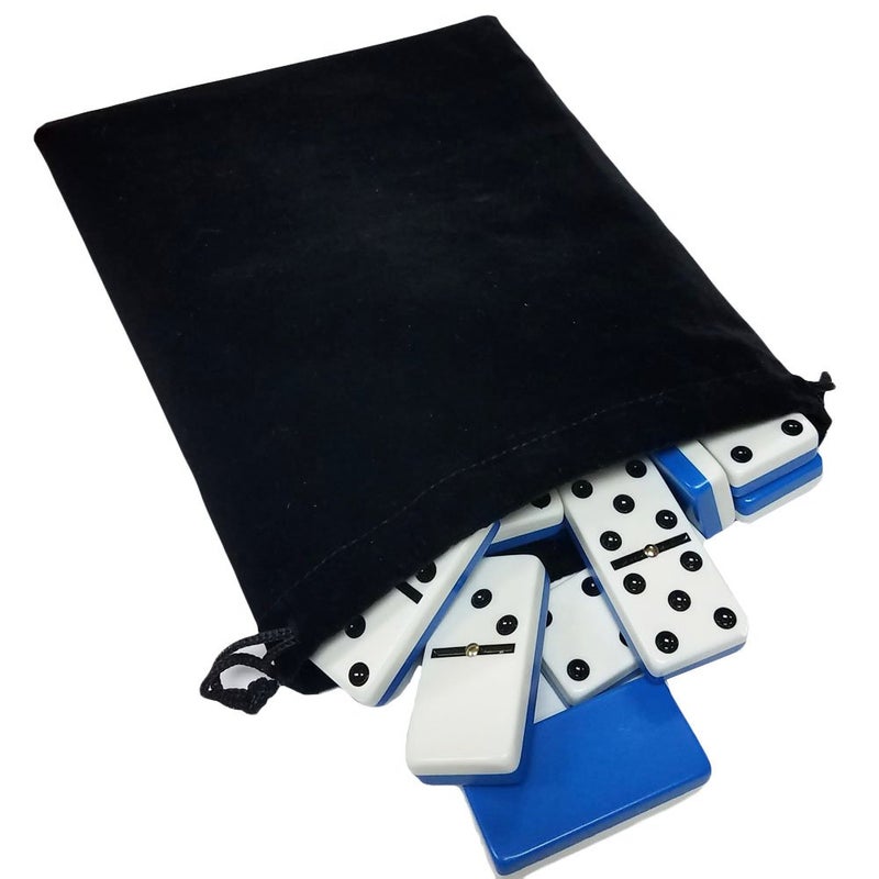 Marion Co Domino Double Six 6 Two Tone Blue and White Tiles Jumbo Tournament Professional Size with Spinners in Black Elegant Velvet Bag