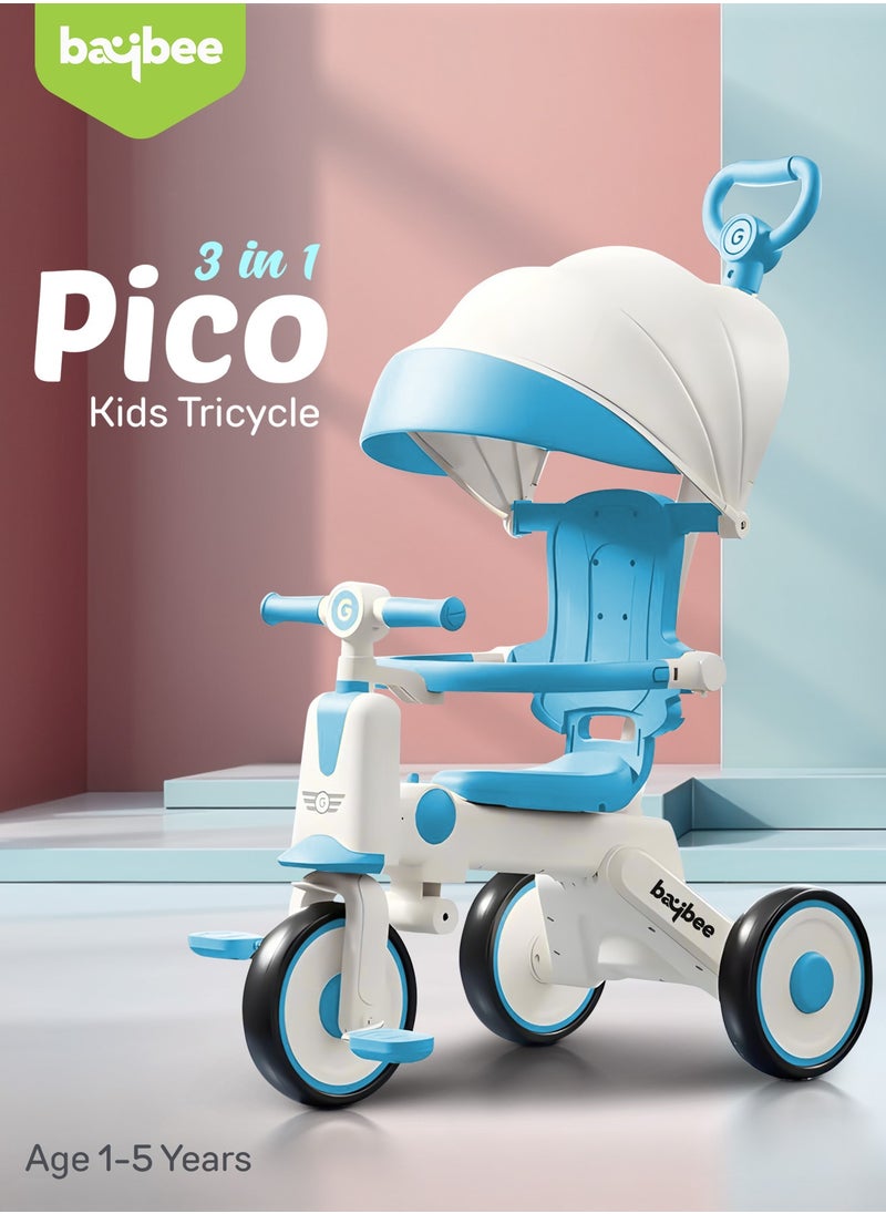 BAYBEE Pico 3 in 1 Convertible Baby Tricycle for Kids with Parental Push Handle and Canopy | Baby Cycle with Safety Guard, Light & Music | Kids Tricycle for Toddlers | Kids Cycle for Baby 1 to 5 Years Boy Girl Blue  - Image 3