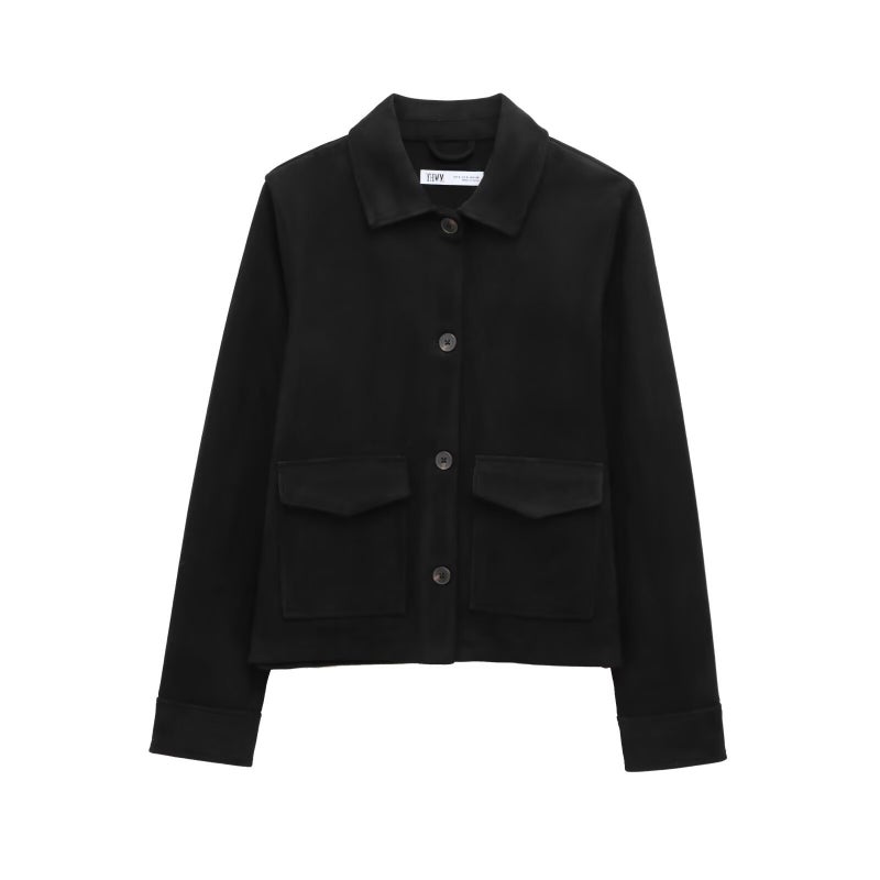 2024 winter new womens European and American style suede texture effect long sleeve lapel jacket coat 4344622 Black 