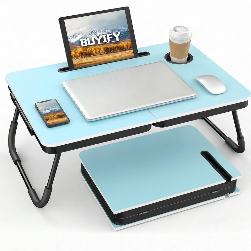 BUYIFY Foldable Laptop Bed Desk for Couch, Sofa - Large Lap Desk Tray Table with Cup Holder and Tablet Slot - Portable Notebook Stand for Eating, Writing, Studying and WFH (Blue) - Image 1