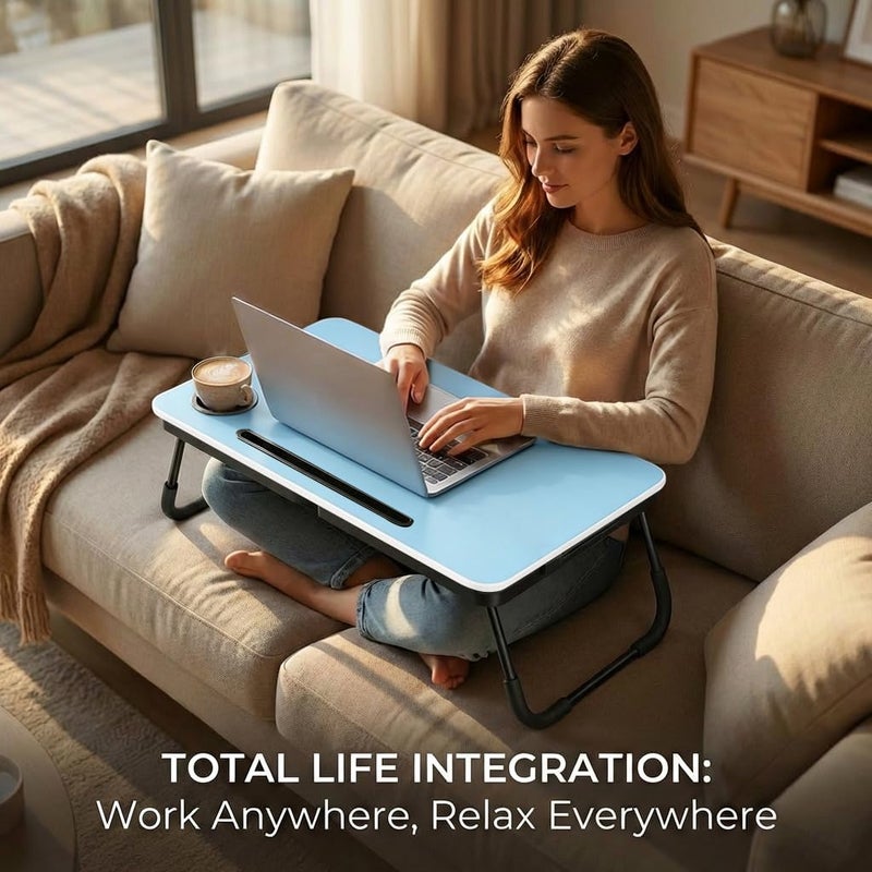 BUYIFY Foldable Laptop Bed Desk for Couch, Sofa - Large Lap Desk Tray Table with Cup Holder and Tablet Slot - Portable Notebook Stand for Eating, Writing, Studying and WFH (Blue) - Image 4