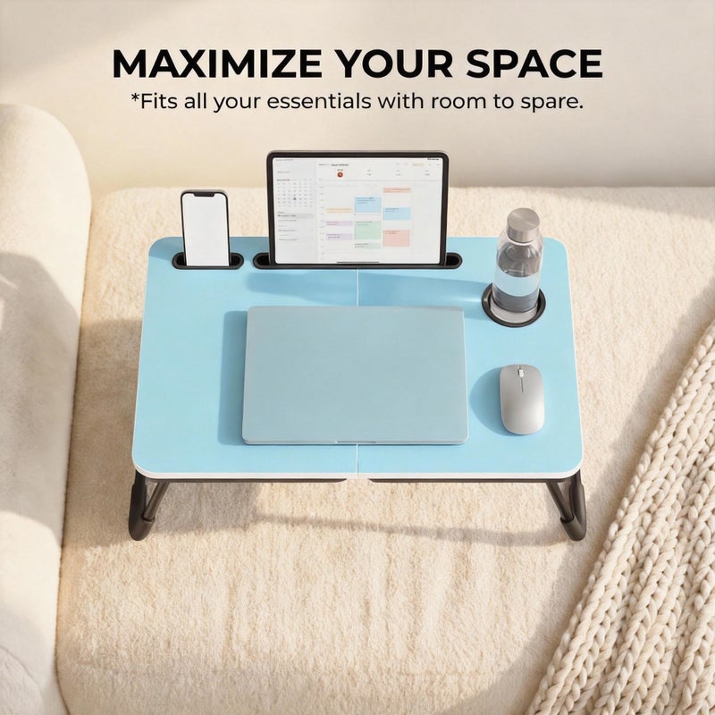 BUYIFY Foldable Laptop Bed Desk for Couch, Sofa - Large Lap Desk Tray Table with Cup Holder and Tablet Slot - Portable Notebook Stand for Eating, Writing, Studying and WFH (Blue) - Image 3