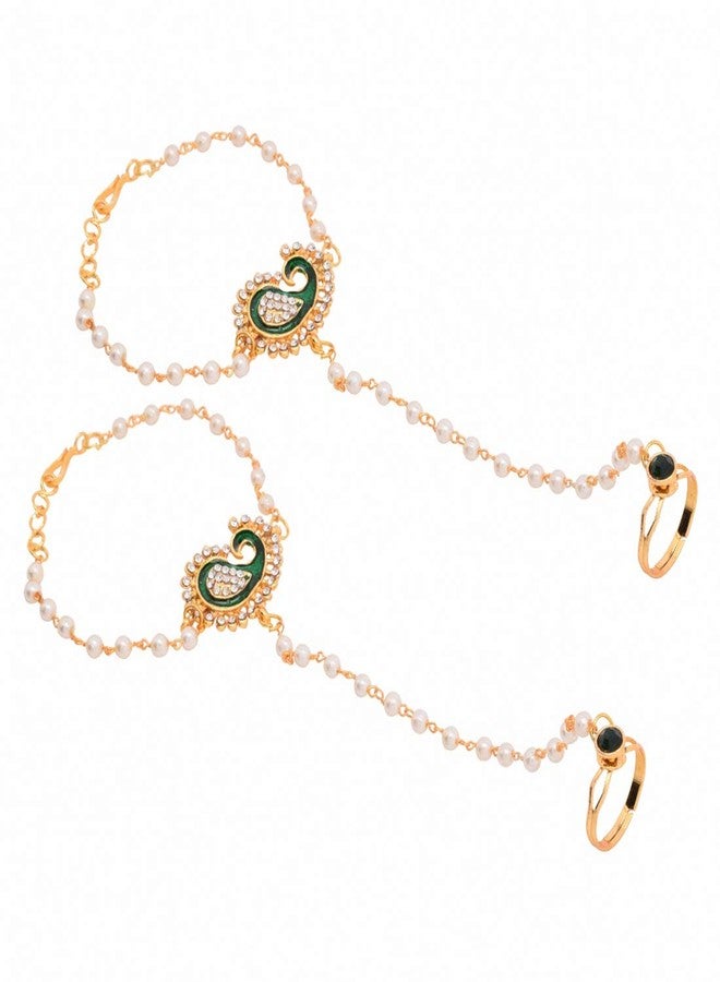 Shecario Traditional Pearl & Green Meenakari Hand Harness Pair - Image 1