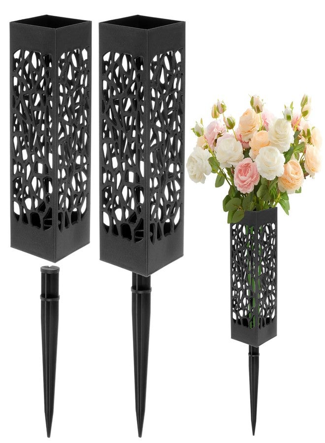 M METERXITY 2-Pack Cemetery Vases with Spikes, Plastic Flower Holder Grave Decorations Drainage Holes for Gravestone/Headstone/Memorial/Cemetery/Grave Markers, Floral Holder Vases [Black] - Image 1